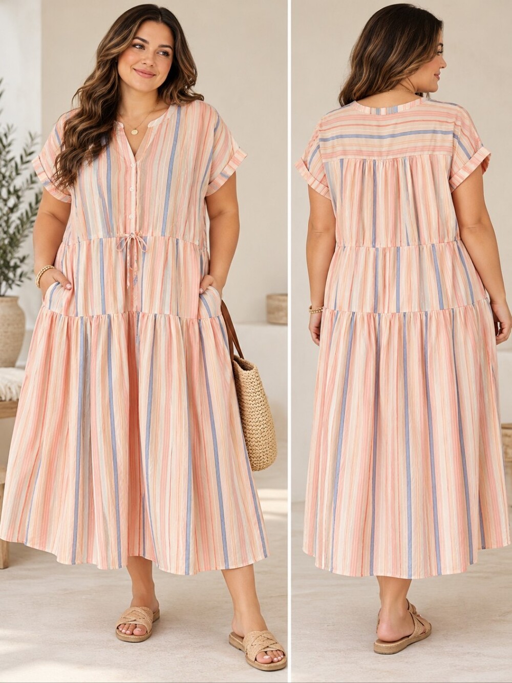 C&C California XL Pink Multi Stripe Cotton Maxi Dress Drawstring w/ Pockets NEW